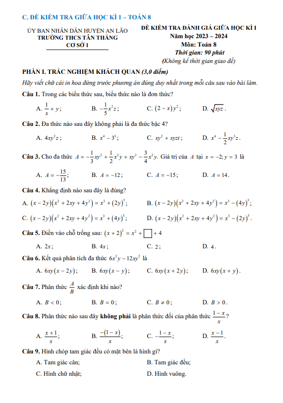 Đề thi giữa học kì 1 (HK1) lớp 8 môn Toán năm 2023 2024 trường THCS Tân Thắng Hải Phòng
