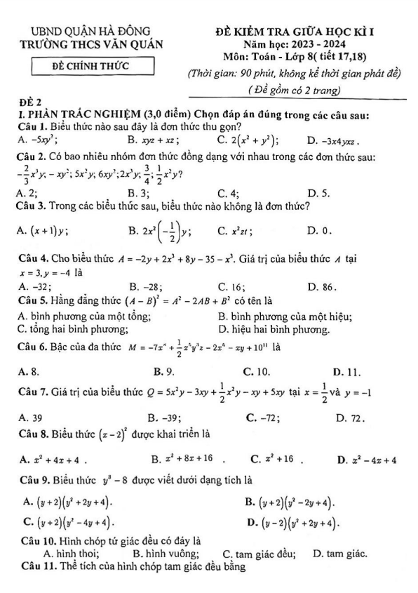 Đề thi giữa học kì 1 (HK1) lớp 8 môn Toán năm 2023 2024 trường THCS Văn Quán Hà Nội