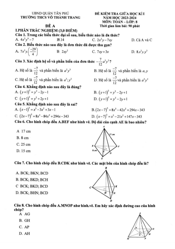 Đề thi giữa học kì 1 (HK1) lớp 8 môn Toán năm 2023 2024 trường THCS Võ Thành Trang TP HCM