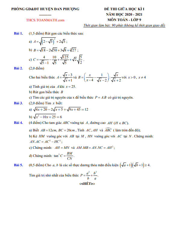 Đề thi giữa học kì 1 (HK1) lớp 9 môn Toán năm 2020 2021 phòng GD ĐT Đan Phượng Hà Nội