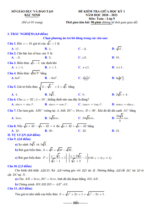 Đề thi giữa học kì 1 (HK1) lớp 9 môn Toán năm 2020 2021 sở GD ĐT Bắc Ninh