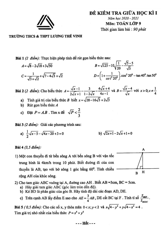 Đề thi giữa học kì 1 (HK1) lớp 9 môn Toán năm 2020 2021 trường Lương Thế Vinh Hà Nội