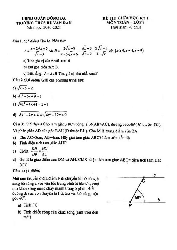 Đề thi giữa học kì 1 (HK1) lớp 9 môn Toán năm 2020 2021 trường THCS Bế Văn Đàn Hà Nội