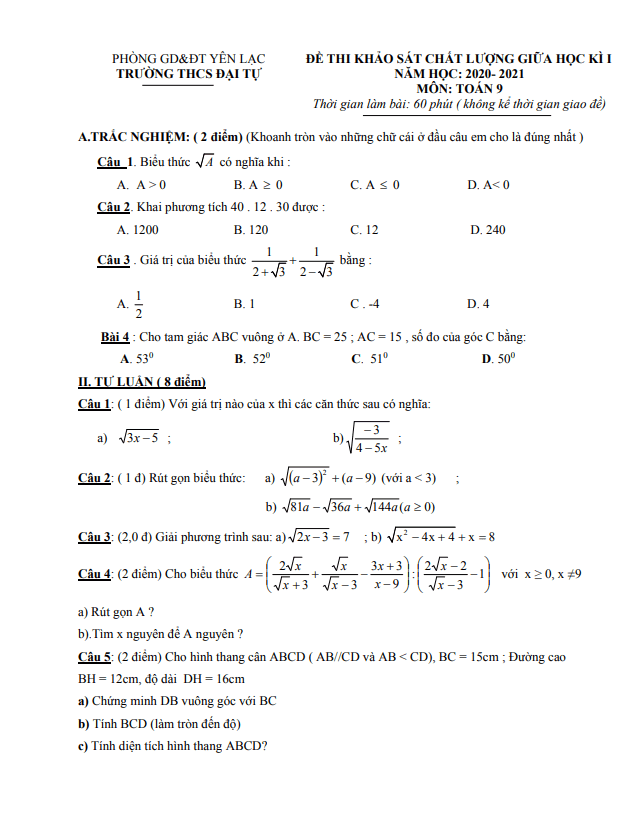 Đề thi giữa học kì 1 (HK1) lớp 9 môn Toán năm 2020 2021 trường THCS Đại Tự Vĩnh Phúc