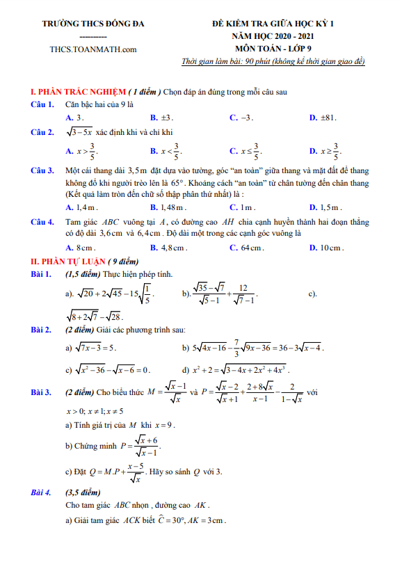 Đề thi giữa học kì 1 (HK1) lớp 9 môn Toán năm 2020 2021 trường THCS Đống Đa Hà Nội