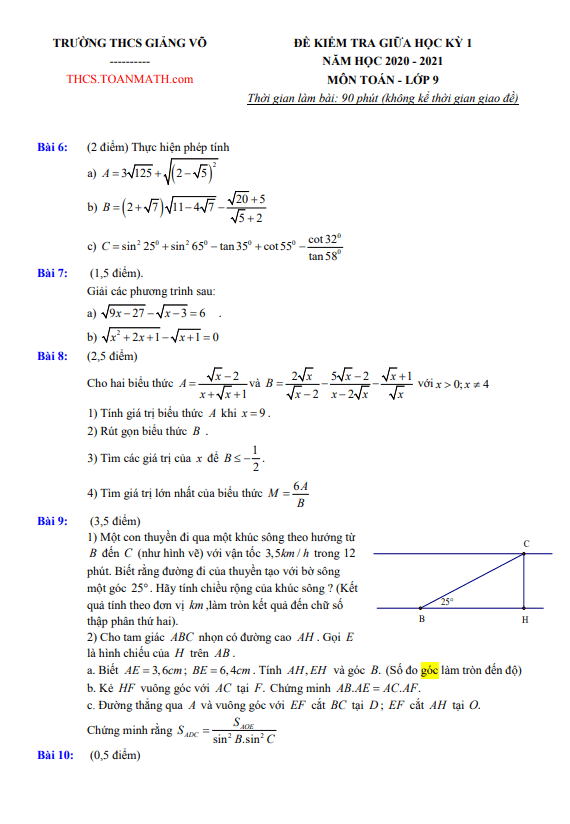 Đề thi giữa học kì 1 (HK1) lớp 9 môn Toán năm 2020 2021 trường THCS Giảng Võ Hà Nội
