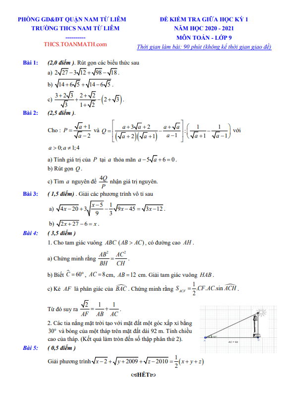 Đề thi giữa học kì 1 (HK1) lớp 9 môn Toán năm 2020 2021 trường THCS Nam Từ Liêm Hà Nội