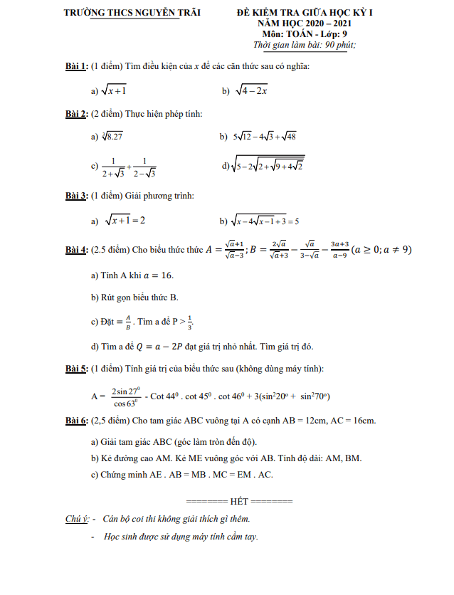 Đề thi giữa học kì 1 (HK1) lớp 9 môn Toán năm 2020 2021 trường THCS Nguyễn Trãi Đắk Nông