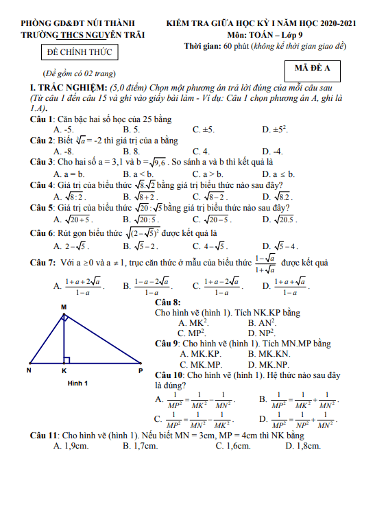 Đề thi giữa học kì 1 (HK1) lớp 9 môn Toán năm 2020 2021 trường THCS Nguyễn Trãi Quảng Nam