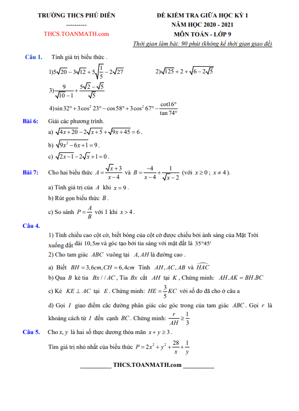 Đề thi giữa học kì 1 (HK1) lớp 9 môn Toán năm 2020 2021 trường THCS Phú Diễn Hà Nội