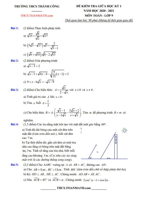 Đề thi giữa học kì 1 (HK1) lớp 9 môn Toán năm 2020 2021 trường THCS Thành Công Hà Nội