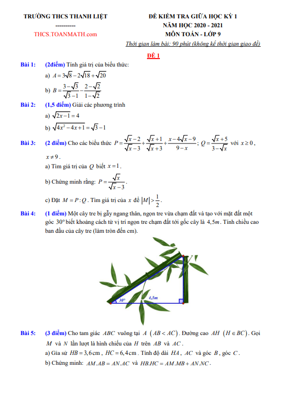 Đề thi giữa học kì 1 (HK1) lớp 9 môn Toán năm 2020 2021 trường THCS Thanh Liệt Hà Nội