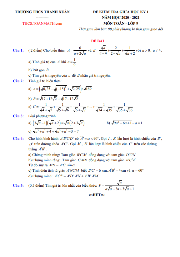 Đề thi giữa học kì 1 (HK1) lớp 9 môn Toán năm 2020 2021 trường THCS Thanh Xuân Hà Nội