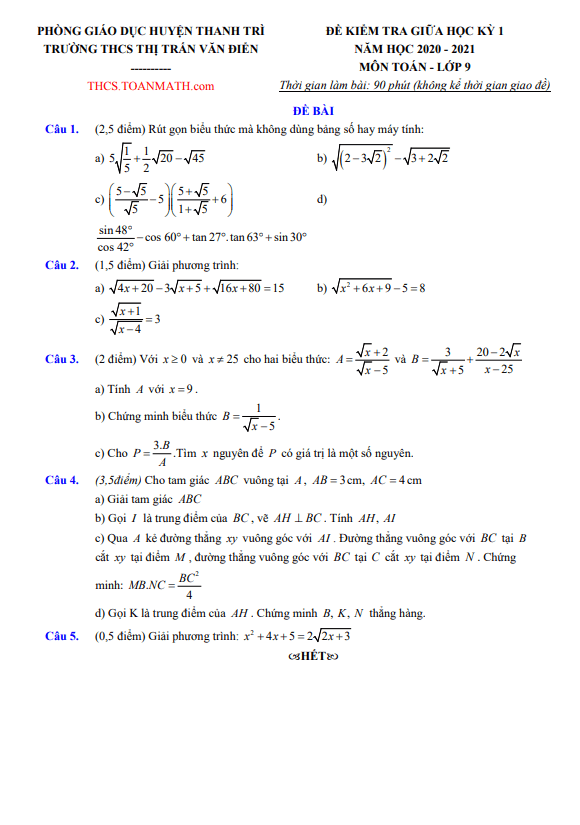 Đề thi giữa học kì 1 (HK1) lớp 9 môn Toán năm 2020 2021 trường THCS thị trấn Văn Điển Hà Nội