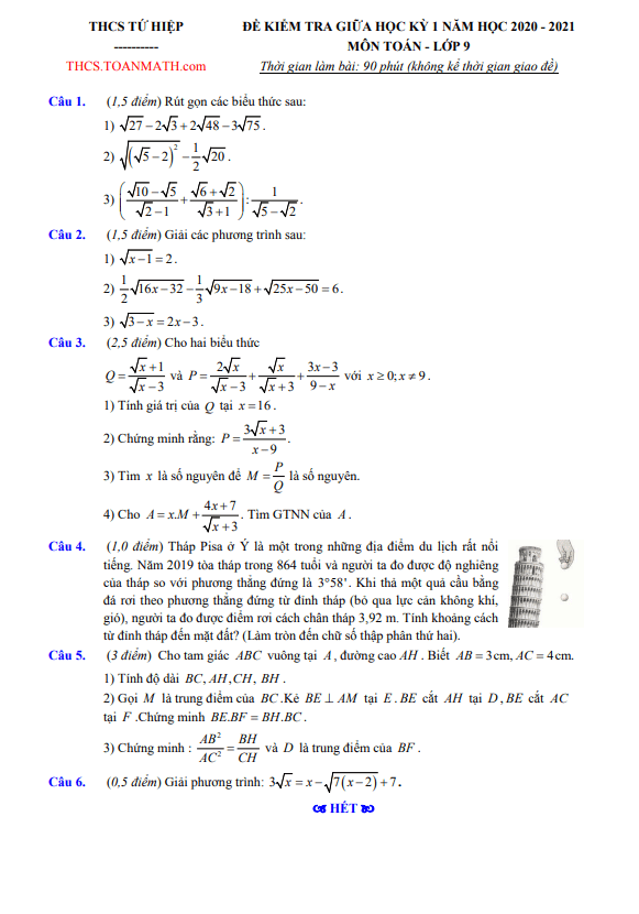 Đề thi giữa học kì 1 (HK1) lớp 9 môn Toán năm 2020 2021 trường THCS Tứ Hiệp Hà Nội