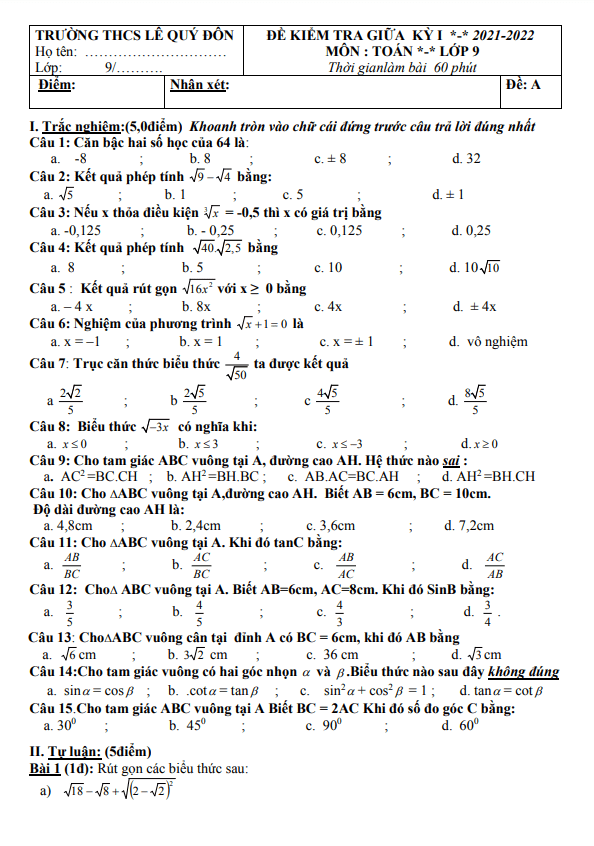 Đề thi giữa học kì 1 (HK1) lớp 9 môn Toán năm 2021 2022 trường THCS Lê Quý Đôn Quảng Nam