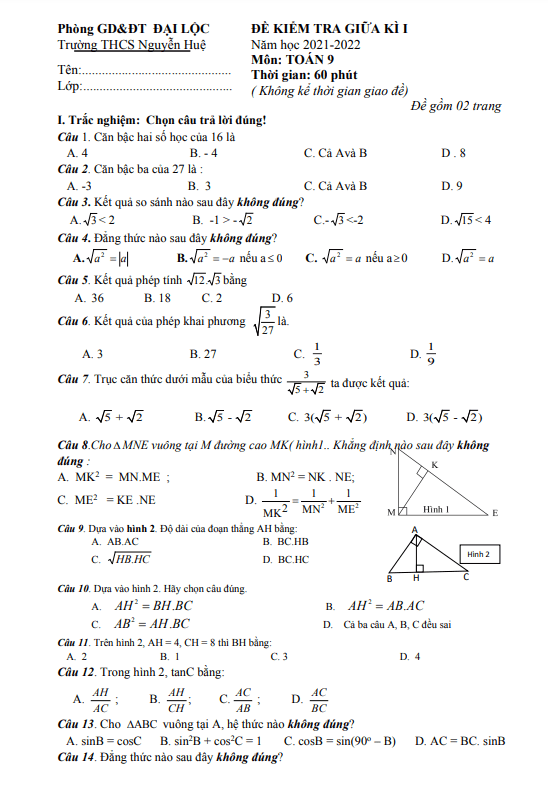 Đề thi giữa học kì 1 (HK1) lớp 9 môn Toán năm 2021 2022 trường THCS Nguyễn Huệ Quảng Nam