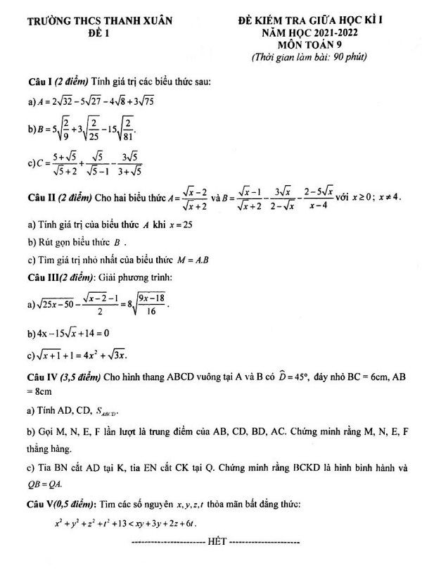Đề thi giữa học kì 1 (HK1) lớp 9 môn Toán năm 2021 2022 trường THCS Thanh Xuân Hà Nội