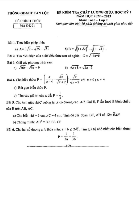 Đề thi giữa học kì 1 (HK1) lớp 9 môn Toán năm 2022 2023 phòng GD ĐT Can Lộc Hà Tĩnh