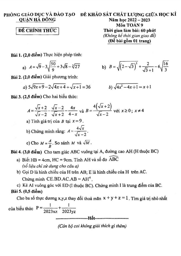 Đề thi giữa học kì 1 (HK1) lớp 9 môn Toán năm 2022 2023 phòng GD ĐT Hà Đông Hà Nội