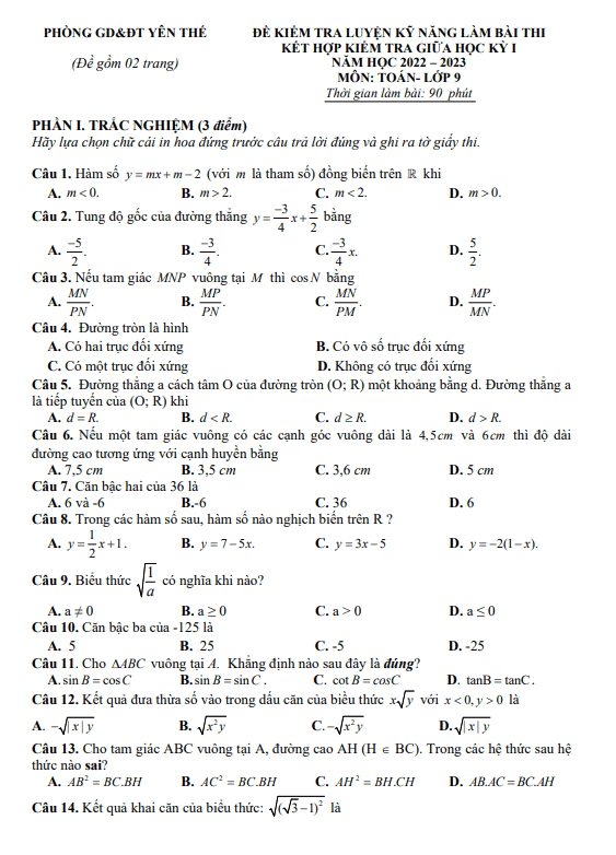 Đề thi giữa học kì 1 (HK1) lớp 9 môn Toán năm 2022 2023 phòng GD ĐT Yên Thế Bắc Giang