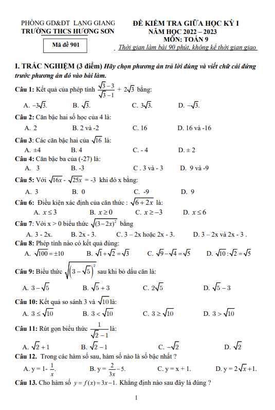 Đề thi giữa học kì 1 (HK1) lớp 9 môn Toán năm 2022 2023 trường THCS Hương Sơn Bắc Giang