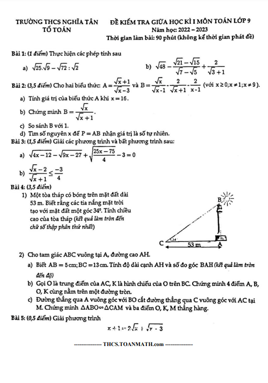 Đề thi giữa học kì 1 (HK1) lớp 9 môn Toán năm 2022 2023 trường THCS Nghĩa Tân Hà Nội