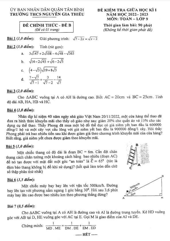 Đề thi giữa học kì 1 (HK1) lớp 9 môn Toán năm 2022 2023 trường THCS Nguyễn Gia Thiều TP HCM