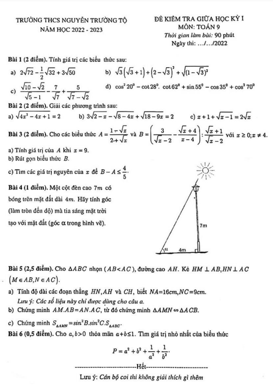 Đề thi giữa học kì 1 (HK1) lớp 9 môn Toán năm 2022 2023 trường THCS Nguyễn Trường Tộ Hà Nội