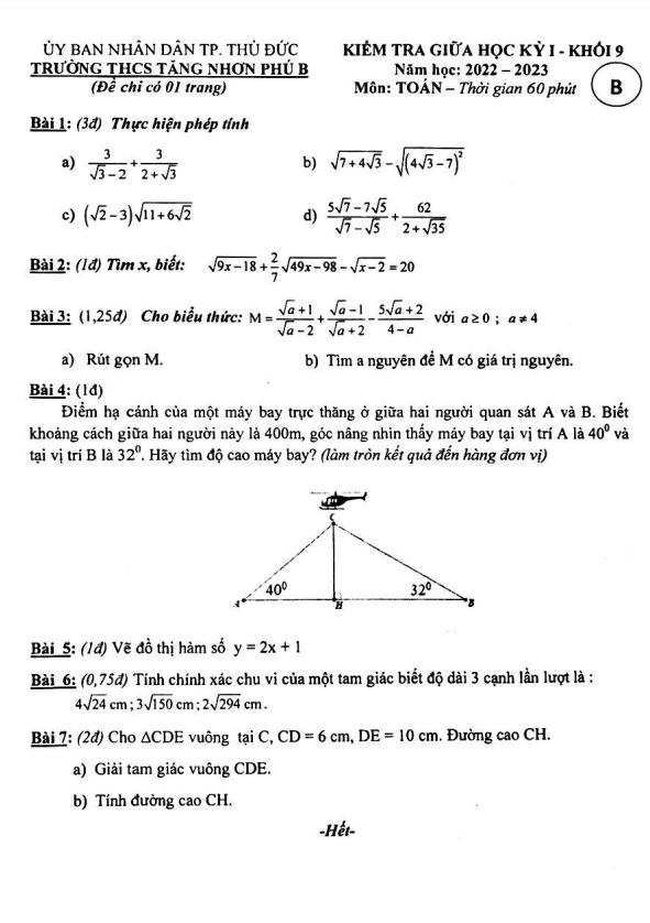 Đề thi giữa học kì 1 (HK1) lớp 9 môn Toán năm 2022 2023 trường THCS Tăng Nhơn Phú B TP HCM