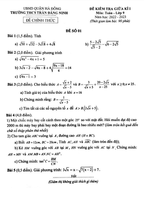 Đề thi giữa học kì 1 (HK1) lớp 9 môn Toán năm 2022 2023 trường THCS Trần Đăng Ninh Hà Nội