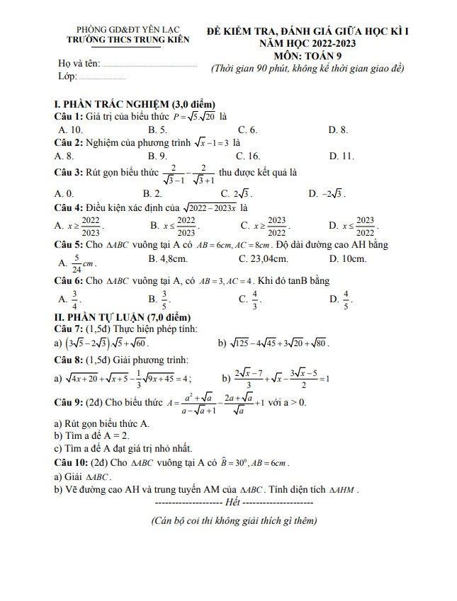 Đề thi giữa học kì 1 (HK1) lớp 9 môn Toán năm 2022 2023 trường THCS Trung Kiên Vĩnh Phúc