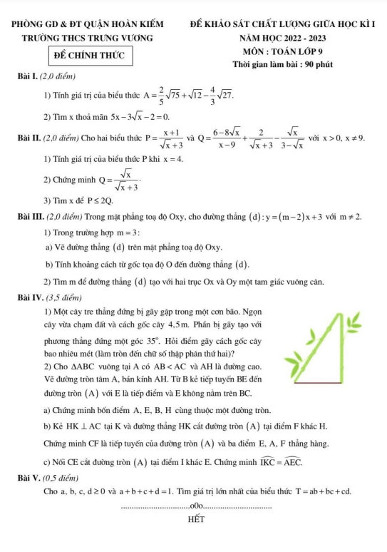 Đề thi giữa học kì 1 (HK1) lớp 9 môn Toán năm 2022 2023 trường THCS Trưng Vương Hà Nội