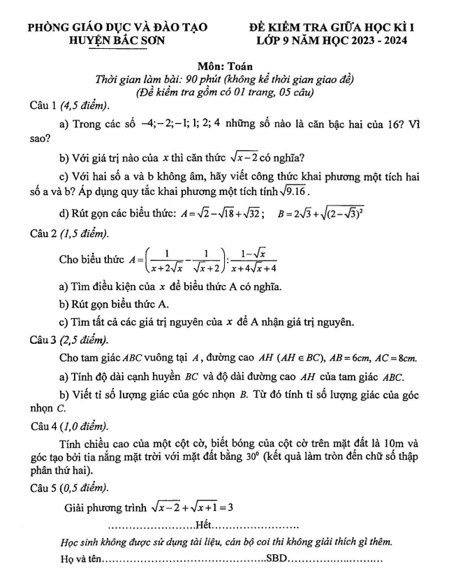 Đề thi giữa học kì 1 (HK1) lớp 9 môn Toán năm 2023 2024 phòng GD ĐT Bắc Sơn Lạng Sơn