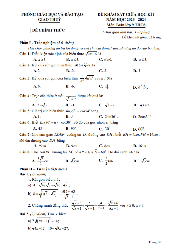 Đề thi giữa học kì 1 (HK1) lớp 9 môn Toán năm 2023 2024 phòng GD ĐT Giao Thuỷ Nam Định