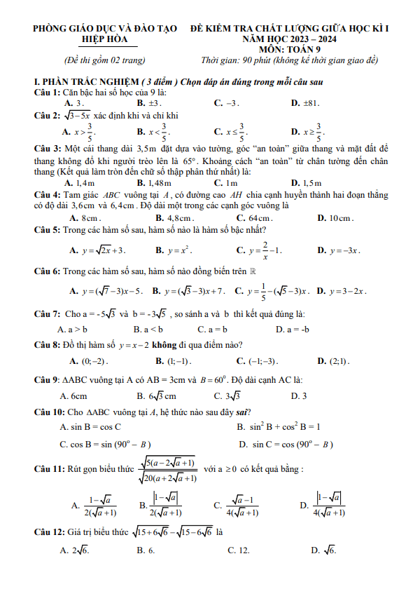 Đề thi giữa học kì 1 (HK1) lớp 9 môn Toán năm 2023 2024 phòng GD ĐT Hiệp Hòa Bắc Giang