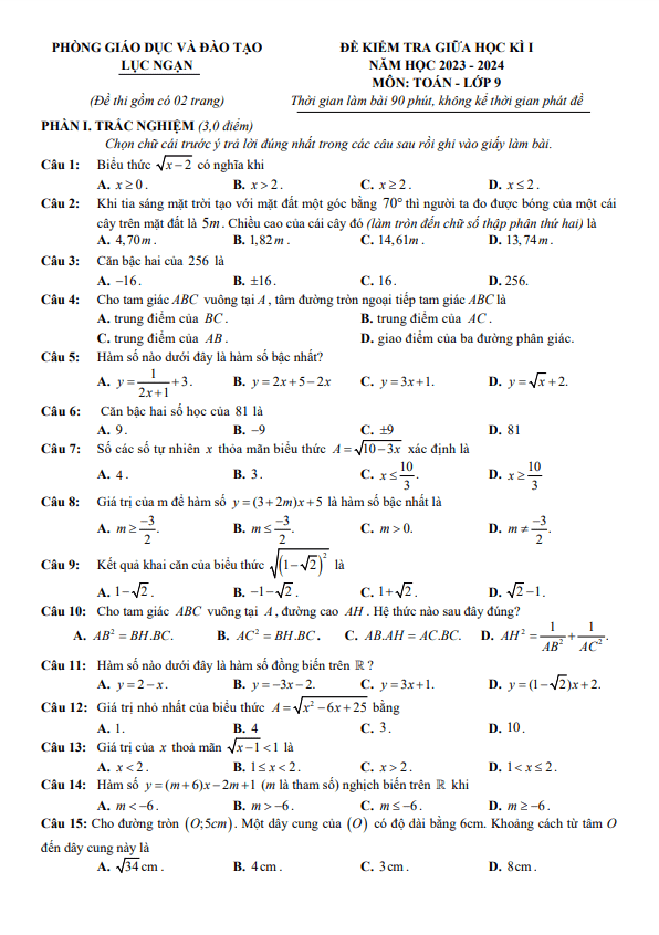 Đề thi giữa học kì 1 (HK1) lớp 9 môn Toán năm 2023 2024 phòng GD ĐT Lục Ngạn Bắc Giang
