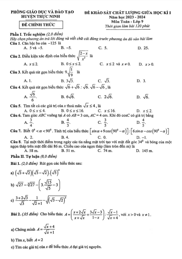 Đề thi giữa học kì 1 (HK1) lớp 9 môn Toán năm 2023 2024 phòng GD ĐT Trực Ninh Nam Định