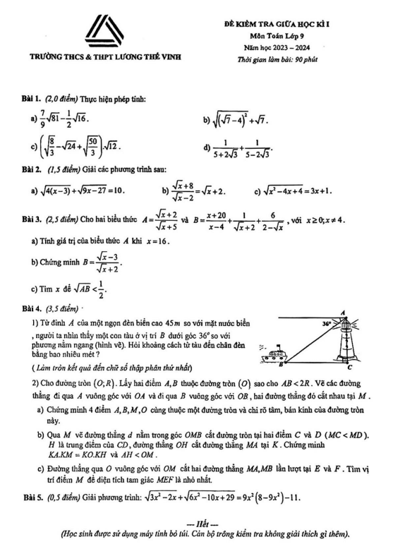 Đề thi giữa học kì 1 (HK1) lớp 9 môn Toán năm 2023 2024 trường Lương Thế Vinh Hà Nội