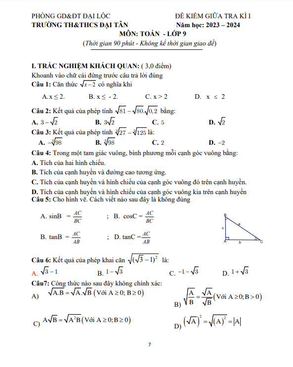 Đề thi giữa học kì 1 (HK1) lớp 9 môn Toán năm 2023 2024 trường TH THCS Đại Tân Quảng Nam