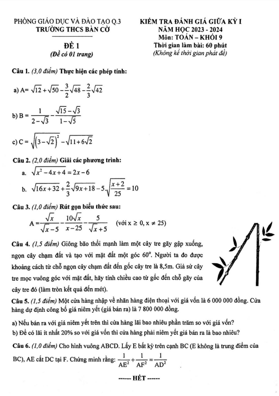 Đề thi giữa học kì 1 (HK1) lớp 9 môn Toán năm 2023 2024 trường THCS Bàn Cờ TP HCM