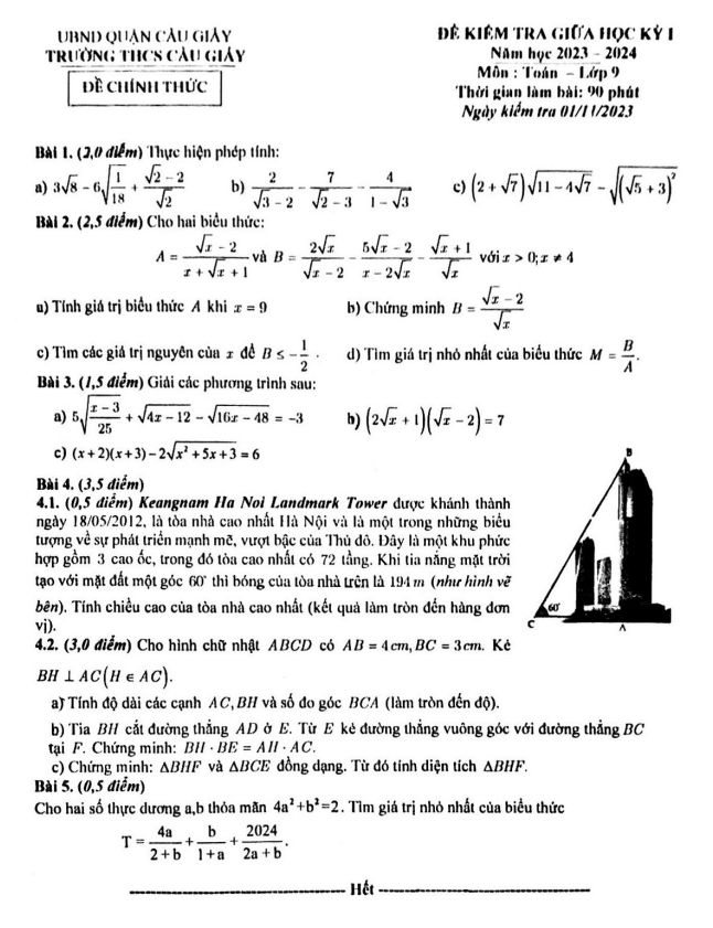 Đề thi giữa học kì 1 (HK1) lớp 9 môn Toán năm 2023 2024 trường THCS Cầu Giấy Hà Nội