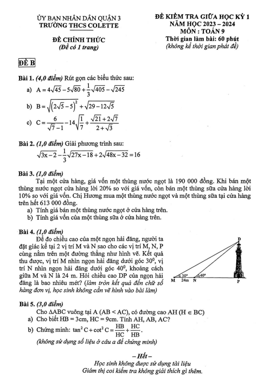 Đề thi giữa học kì 1 (HK1) lớp 9 môn Toán năm 2023 2024 trường THCS Colette TP HCM