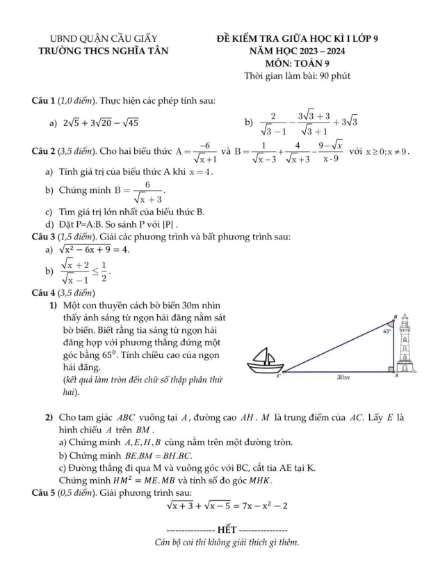 Đề thi giữa học kì 1 (HK1) lớp 9 môn Toán năm 2023 2024 trường THCS Nghĩa Tân Hà Nội