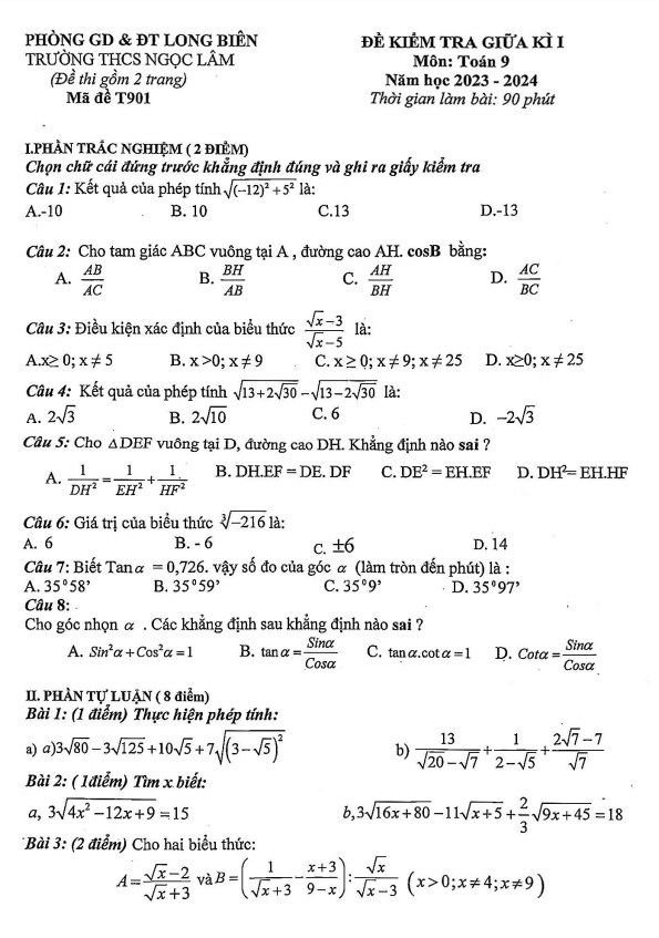 Đề thi giữa học kì 1 (HK1) lớp 9 môn Toán năm 2023 2024 trường THCS Ngọc Lâm Hà Nội