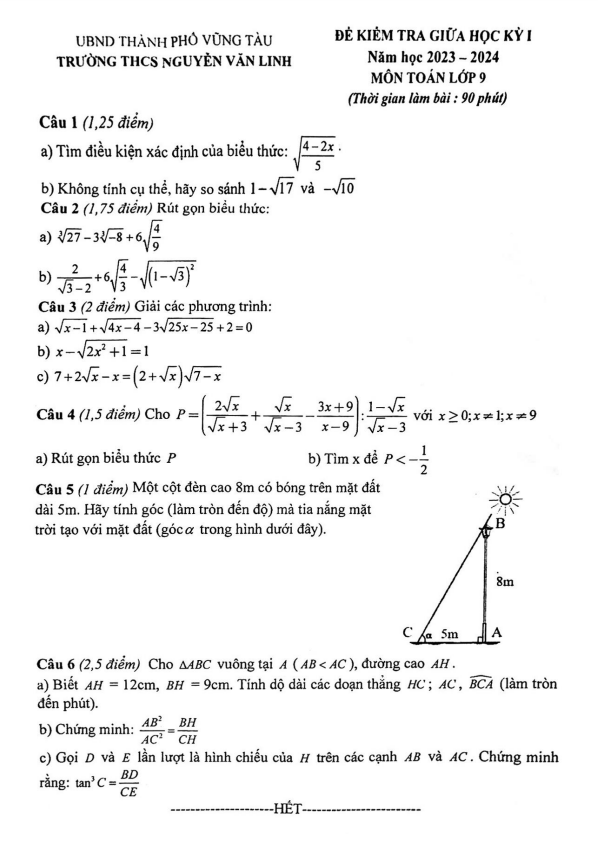 Đề thi giữa học kì 1 (HK1) lớp 9 môn Toán năm 2023 2024 trường THCS Nguyễn Văn Linh BR VT