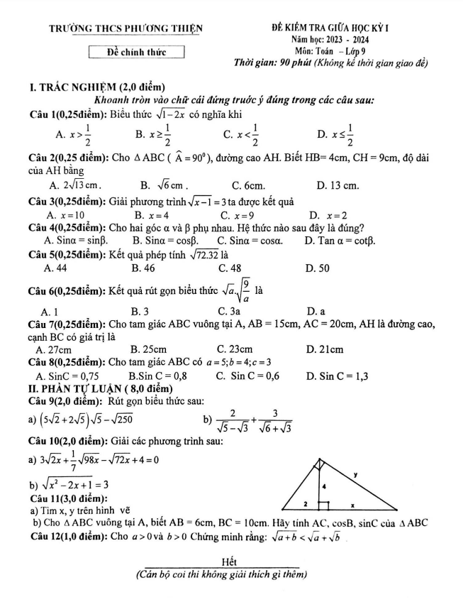 Đề thi giữa học kì 1 (HK1) lớp 9 môn Toán năm 2023 2024 trường THCS Phương Thiện Hà Giang