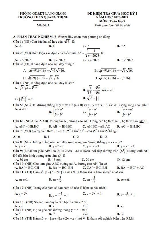 Đề thi giữa học kì 1 (HK1) lớp 9 môn Toán năm 2023 2024 trường THCS Quang Thịnh Bắc Giang