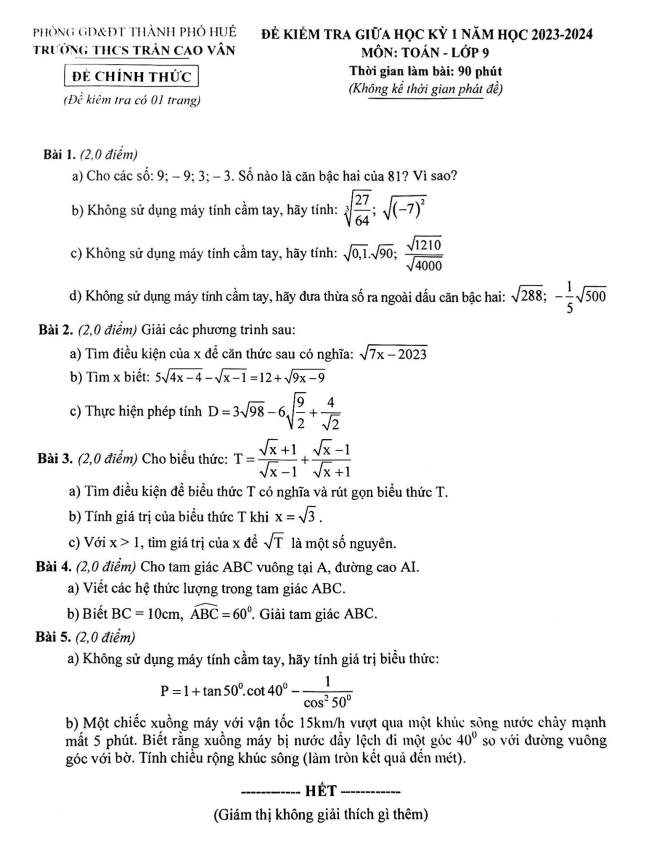 Đề thi giữa học kì 1 (HK1) lớp 9 môn Toán năm 2023 2024 trường THCS Trần Cao Vân TT Huế