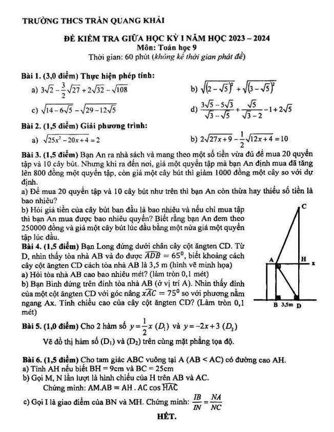 Đề thi giữa học kì 1 (HK1) lớp 9 môn Toán năm 2023 2024 trường THCS Trần Quang Khải TP HCM